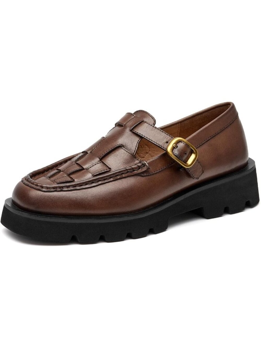 Women's Coffee Platform Chunky Loafers Hand Woven Leather Casual Dress Shoes